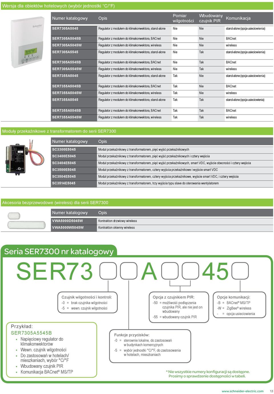 Regulator z modułem do klimakonwektora, Nie Tak SER7305A5545W Regulator z modułem do klimakonwektora, Nie Tak SER7355A5045 Regulator z modułem do klimakonwektora, Tak Nie (opcja SER7355A5045B