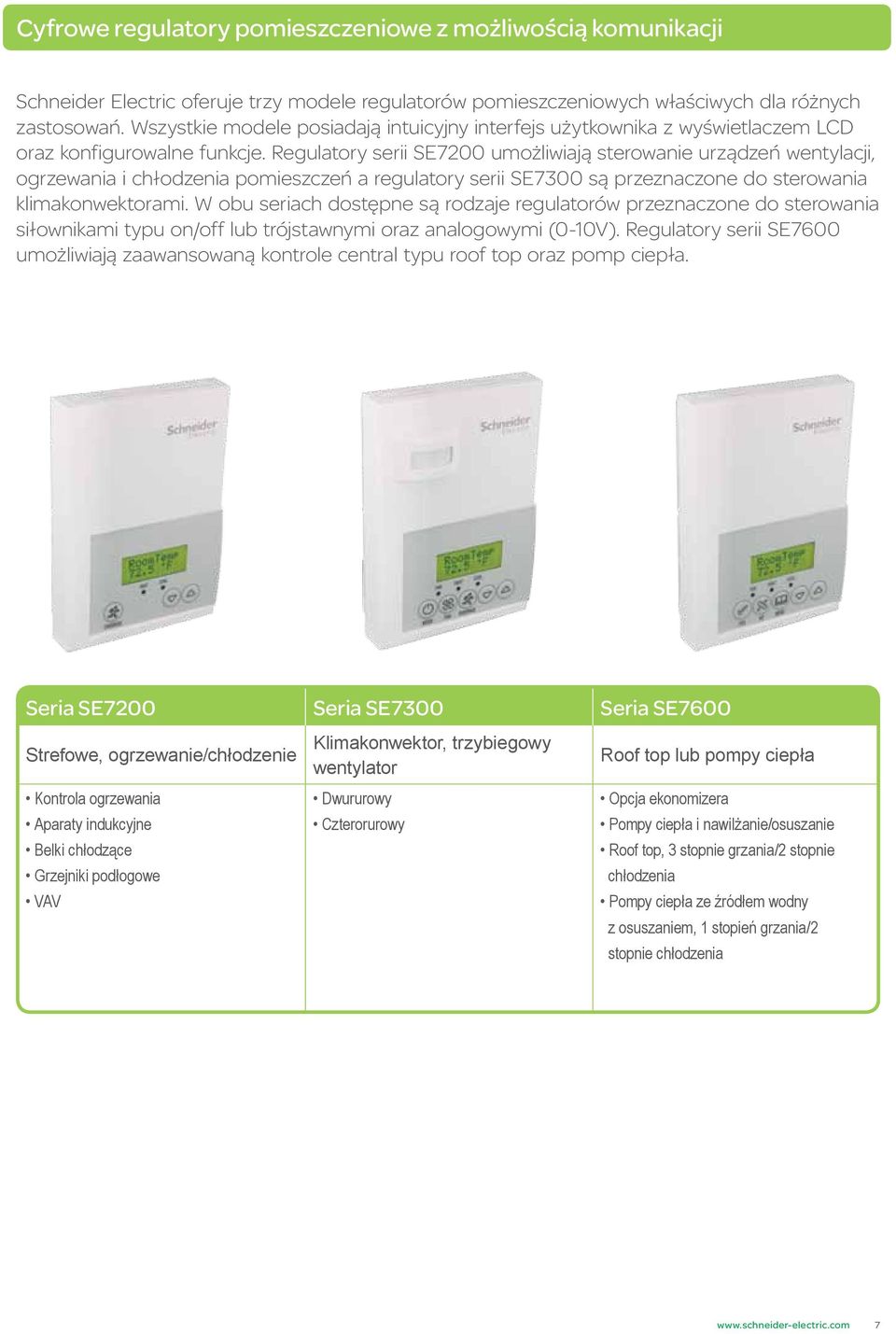 Regulatory serii SE7200 umożliwiają sterowanie urządzeń wentylacji, ogrzewania i chłodzenia pomieszczeń a regulatory serii SE7300 są przeznaczone do sterowania klimakonwektorami.