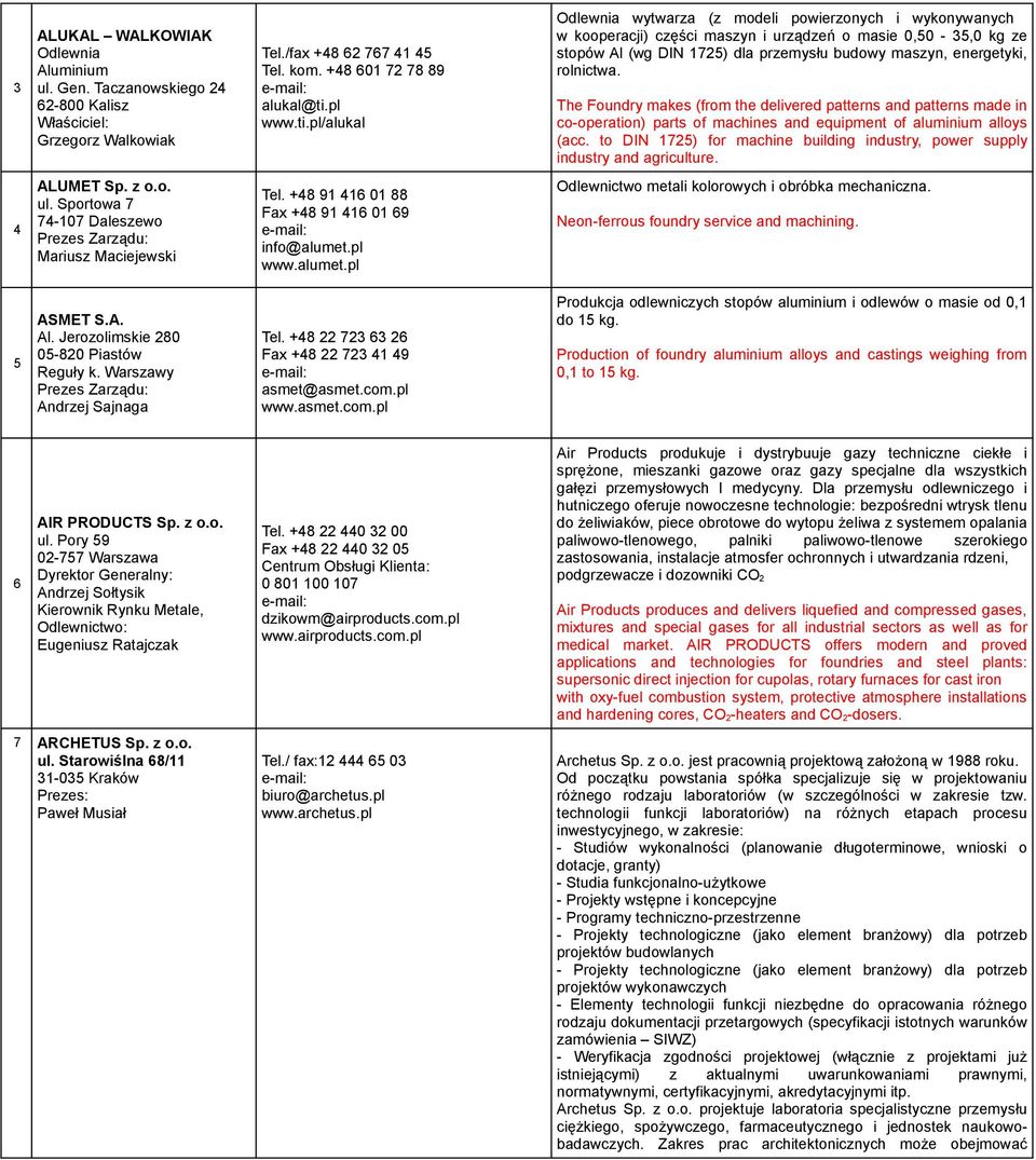 pl/alukal Odlewnia wytwarza (z modeli powierzonych i wykonywanych w kooperacji) części maszyn i urządzeń o masie 0,50-35,0 kg ze stopów Al (wg DIN 1725) dla przemysłu budowy maszyn, energetyki,