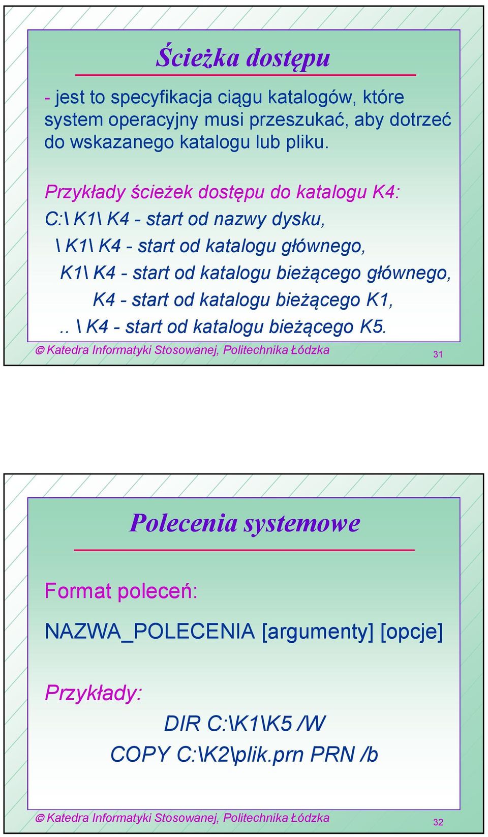 Przykłady ścieżek dostępu do katalogu K4: C:\ K1\ K4 - start od nazwy dysku, \ K1\ K4 - start od katalogu głównego, K1\ K4 -