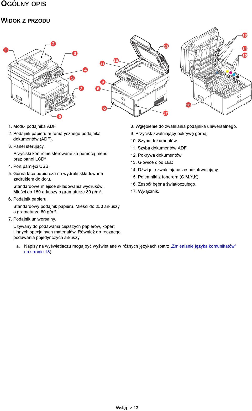 Mieści do 150 arkuszy o gramaturze 80 g/m². 6. Podajnik papieru. Standardowy podajnik papieru. Mieści do 250 arkuszy o gramaturze 80 g/m². 7. Podajnik uniwersalny.