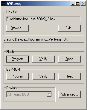 klikając przycisk 'Browse...' należy wskazać odpowiedni wsad czyli plik stk500v2_3.hex ( CD:\firmware\stk500v2_3.hex ) lub avr910_2.hex ( CD:\firmware\avr910_2.hex ) lub rs232_2.