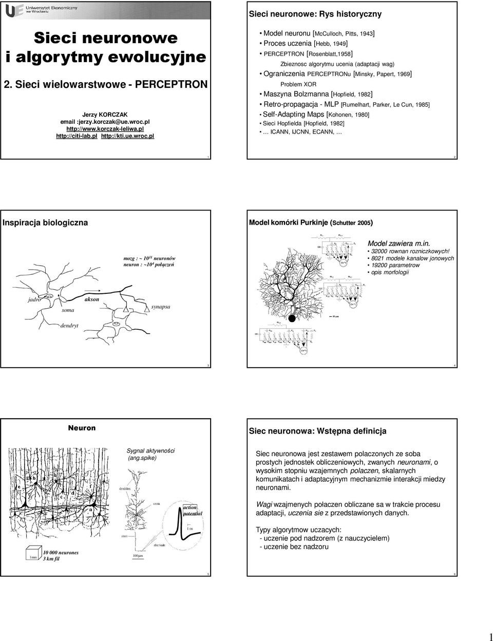 pl Model neuronu [McCulloch, Pitts, 943] Proces uczenia [Hebb, 949] PERCEPTRON [Rosenblatt,958] Zbieznosc algorytmu ucenia (adaptacji wag) Ograniczenia PERCEPTRONu [Minsky, Papert, 969] Problem