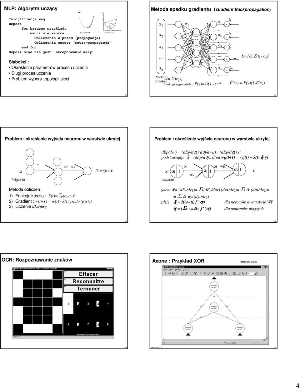 .. x n w o ij o 2 o 3 Vecteur yi= Σ w d entrée ij x i Funkcja sigmoidalna F(y)=/(+e ky)... o m t t 2 t 3 t m.