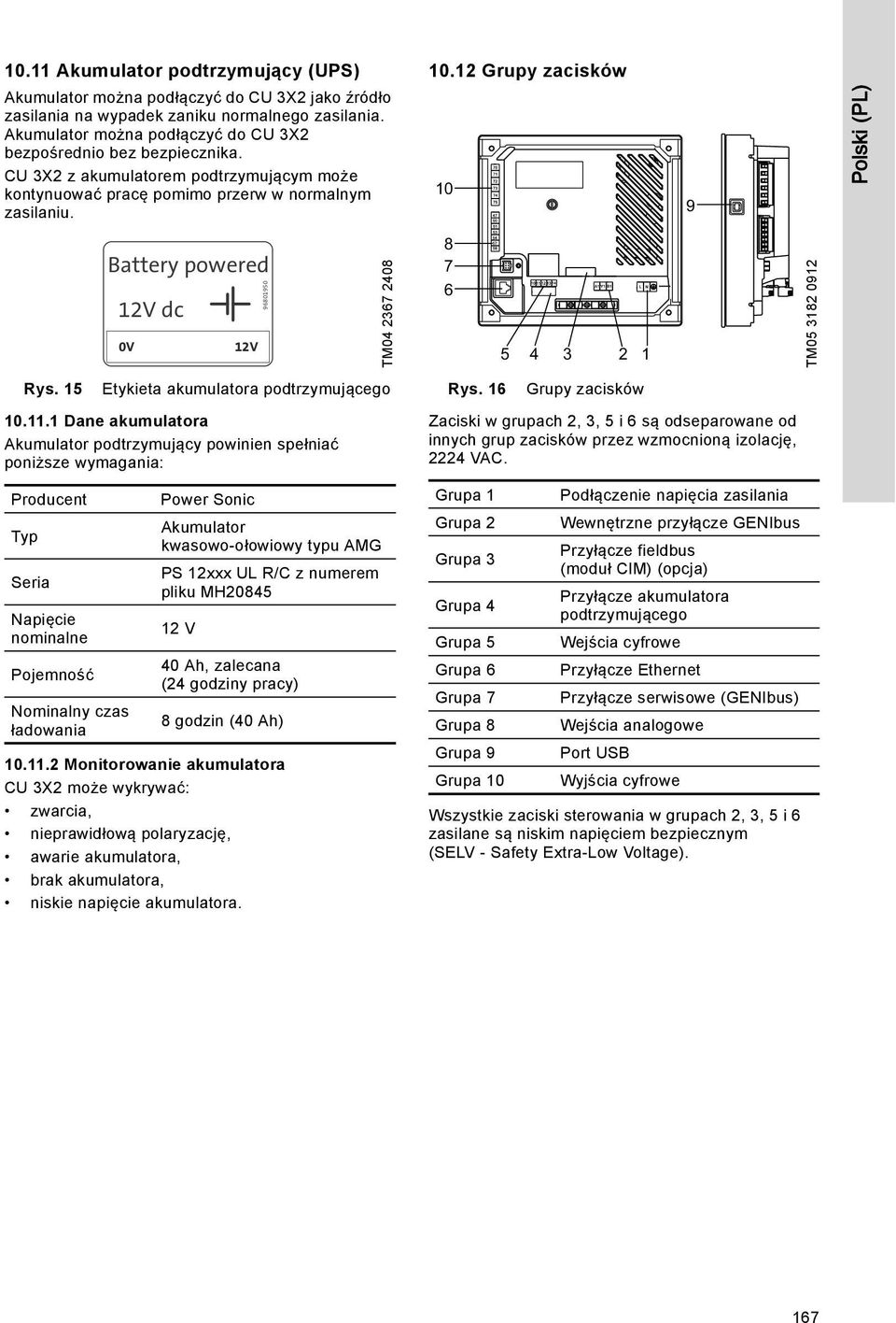 10 9 Polski (PL) Battery powered 12V dc 0V 12V 96801950 TM04 2367 2408 8 7 6 5 4 3 2 1 TM05 3182 0912 Rys. 15 Etykieta akumulatora podtrzymującego Rys. 16 Grupy zacisków 10.11.