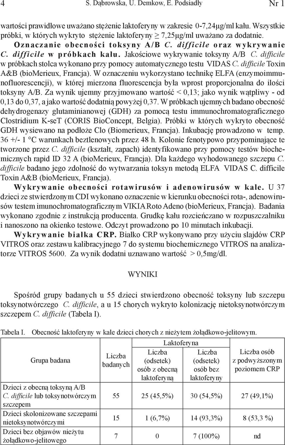 Jakościowe wykrywanie toksyny A/B C. difficile w próbkach stolca wykonano przy pomocy automatycznego testu VIDAS C. difficile Toxin A&B (biomerieux, Francja).