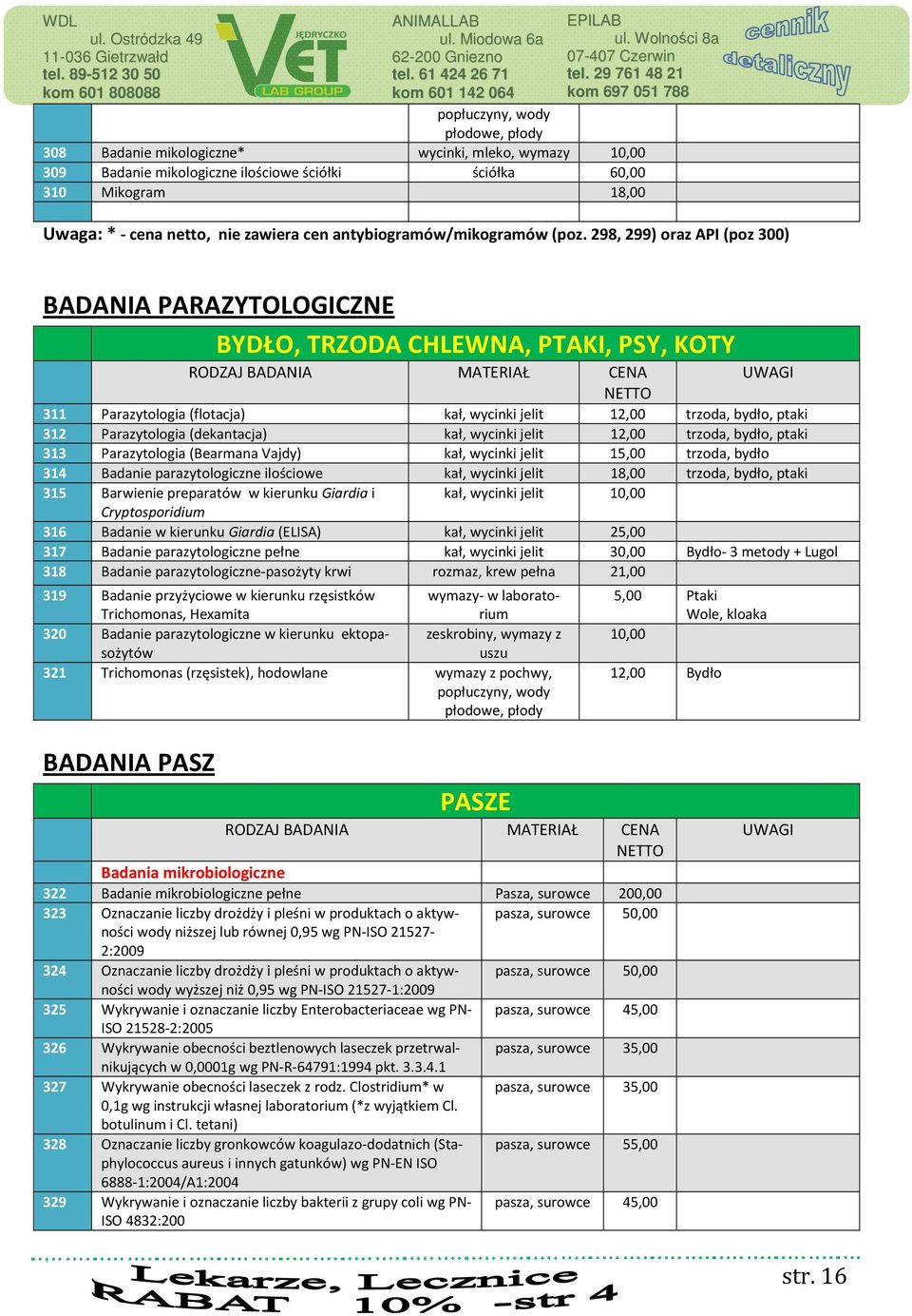 298, 299) oraz API (poz 300) BADANIA PARAZYTOLOGICZNE BYDŁO, TRZODA CHLEWNA, PTAKI, PSY, KOTY 311 Parazytologia (flotacja) kał, wycinki jelit 12,00 trzoda, bydło, ptaki 312 Parazytologia (dekantacja)