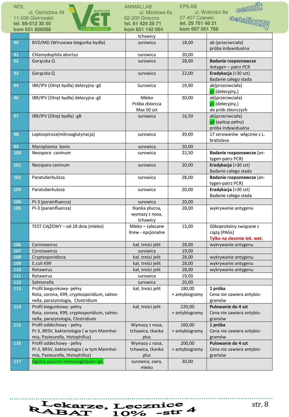 30,00 ab(przeciwciała) ge (delecyjny,) do prób zbiorczych 97 IBR/IPV (Otręt bydła) -gb 16,50 ab(przeciwciała) gb (epitop pełny) próba indywidualna 98 Leptospiroza(mikroaglutynacja) 39,00 17 serowarów