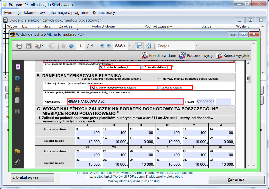 Program komputerowy PPUS - instrukcja obsługi (strona 20) Na wydruku wyraźnie oznaczone są też pozycje przesłane do systemu testowego, co (przypomnę raz jeszcze) nie oznacza ich prawidłowego złożenia.