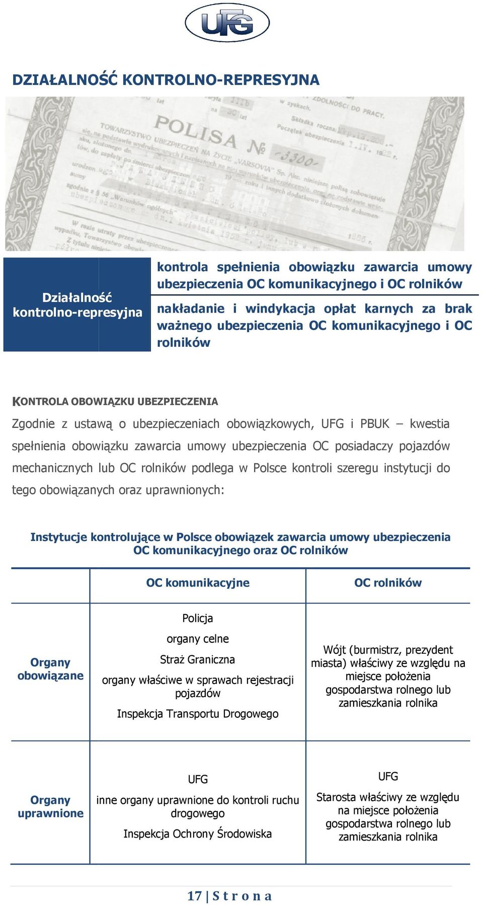 zawarcia umowy ubezpieczenia OC posiadaczy pojazdów mechanicznych lub OC rolników podlega w Polsce kontroli szeregu instytucji do tego obowiązanych oraz uprawnionych: Instytucje kontrolujące w Polsce