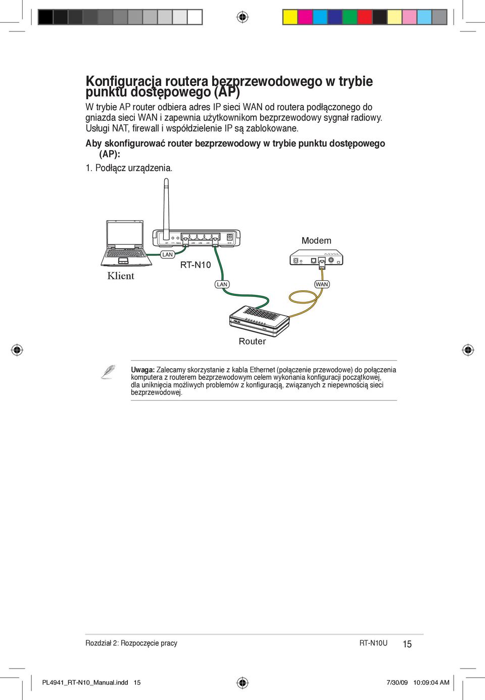 Modem Klient Client RT-N10 Router Uwaga: Zalecamy skorzystanie z kabla Ethernet (połączenie przewodowe) do połączenia komputera z routerem bezprzewodowym celem wykonania konfiguracji