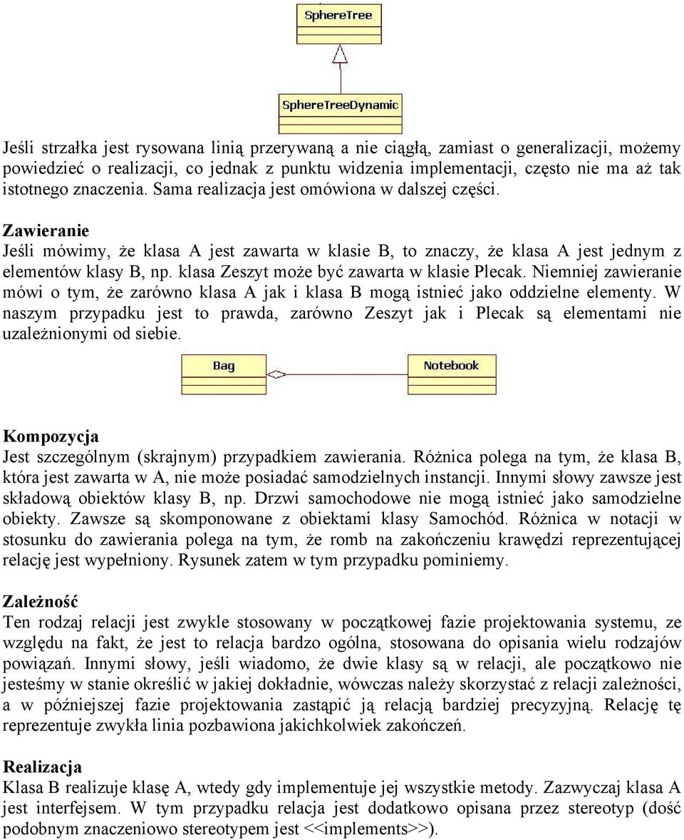 klasa Zeszyt może być zawarta w klasie Plecak. Niemniej zawieranie mówi o tym, że zarówno klasa A jak i klasa B mogą istnieć jako oddzielne elementy.