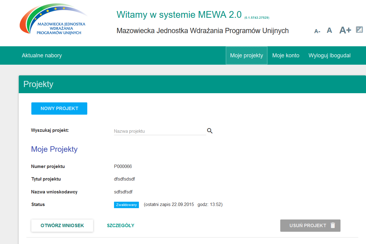 Rys. 6. Po podaniu tytułu projektu, wniosek zostanie zapisany i wyświetlony do edycji. 3.2. Znajdź swój formularz.