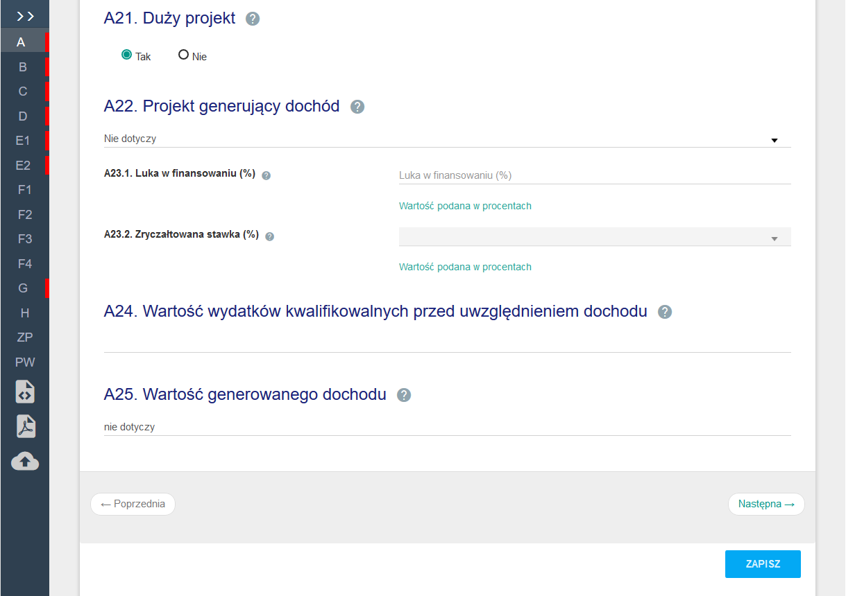 3.3. Edycja wniosku. Formularz podzielony jest na sekcje.