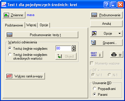 Przykład 6. Średnia asa kretów w badanej populacji próbnej wyniosła 78,9 g. Zweryikuj hipotezę zerową, zakładającą, iż średnia asa kretów w populacji generalnej wynosi 80 g.