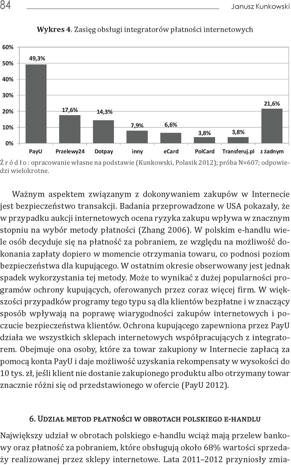 integratorów Zasięg obsługi płatności integratorów internetowych płatności internetowych 60% 50% 49,3% 40% 30% 20% 17,6% 14,3% 21,6% 10% 0% 7,9% 6,6% 3,8% 3,8% PayU Przelewy24 Dotpay inny ecard