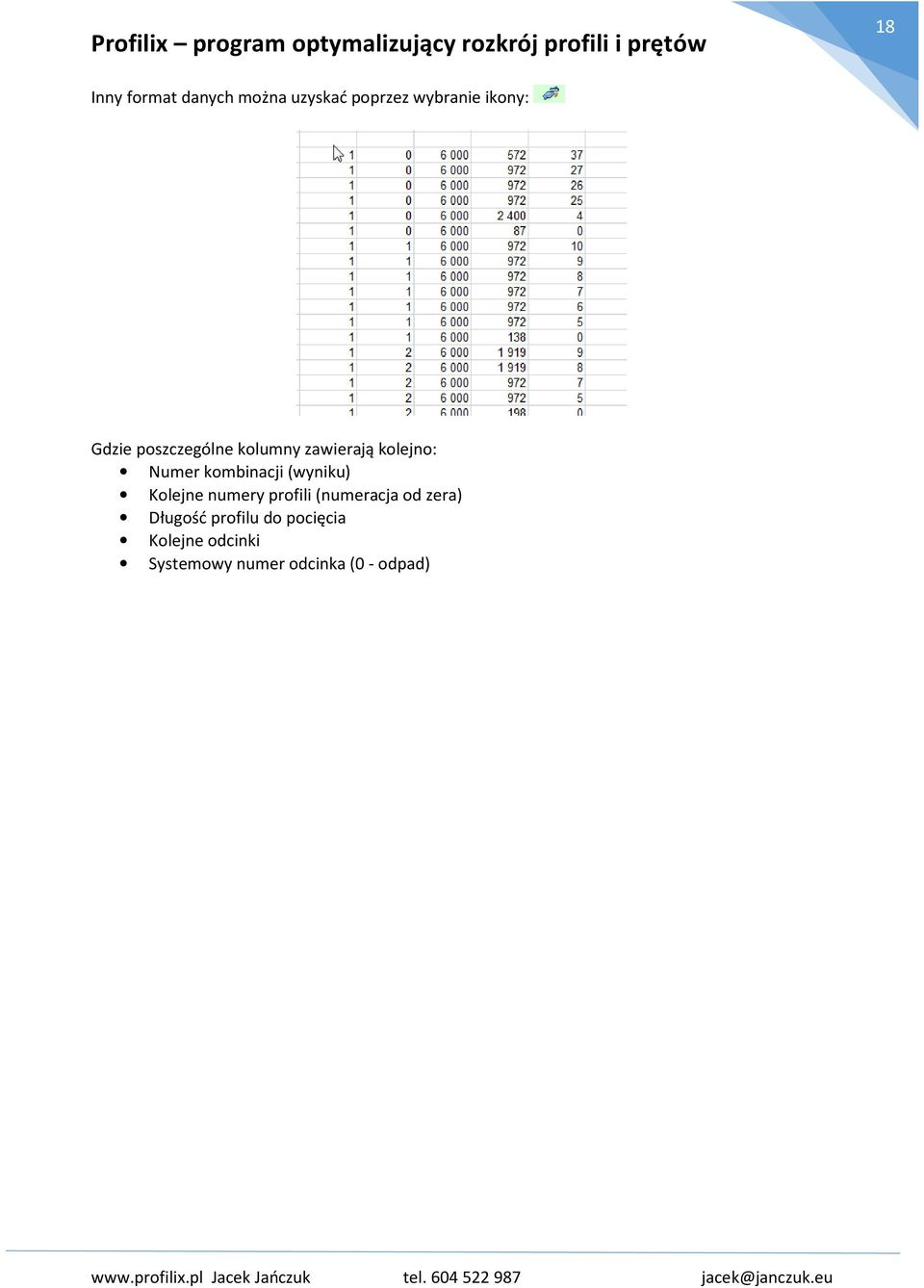 (wyniku) Kolejne numery profili (numeracja od zera) Długość