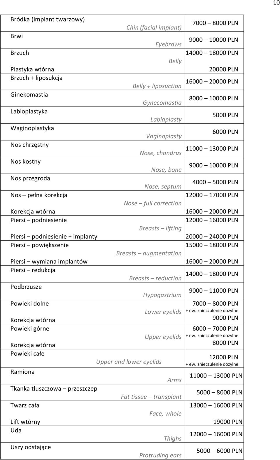 Tkanka tłuszczowa przeszczep Twarz cała Lift wtórny Uda Uszy odstające Chin (facial implant) 7000 8000 PLN 9000 10000 PLN Eyebrows 14000 18000 PLN Belly 20000 PLN 16000 20000 PLN Belly + liposuction