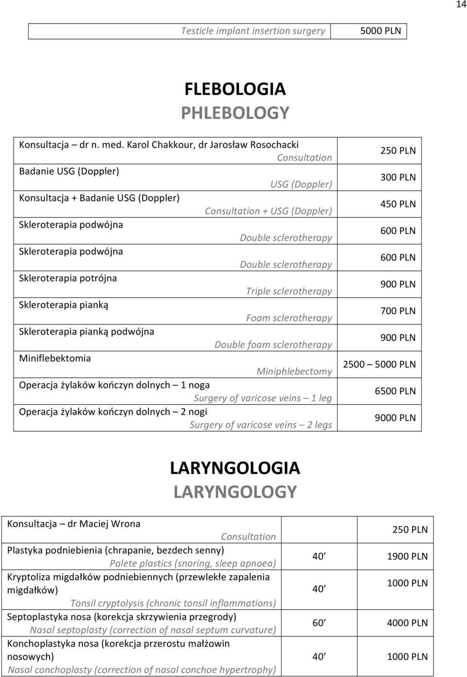 Skleroterapia podwójna Double sclerotherapy Skleroterapia potrójna Triple sclerotherapy Skleroterapia pianką Foam sclerotherapy Skleroterapia pianką podwójna Double foam sclerotherapy Miniflebektomia