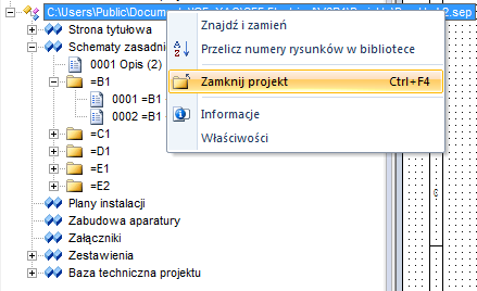 Zamknięcie projektu przykładowego Aby zamknąć projekt, należy wskazać nazwę