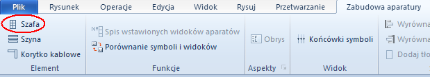 4.4 Rysowanie szafy Wstawiamy szafę na schemat. 1.M Zabudowa aparatury Element Szafa 2.+ Kliknąć pierwszy punkt prostokąta. 3.# Użyć klawisza spacji. 4.+ Dx. 5.# 600. 6.+ Dy. 7.