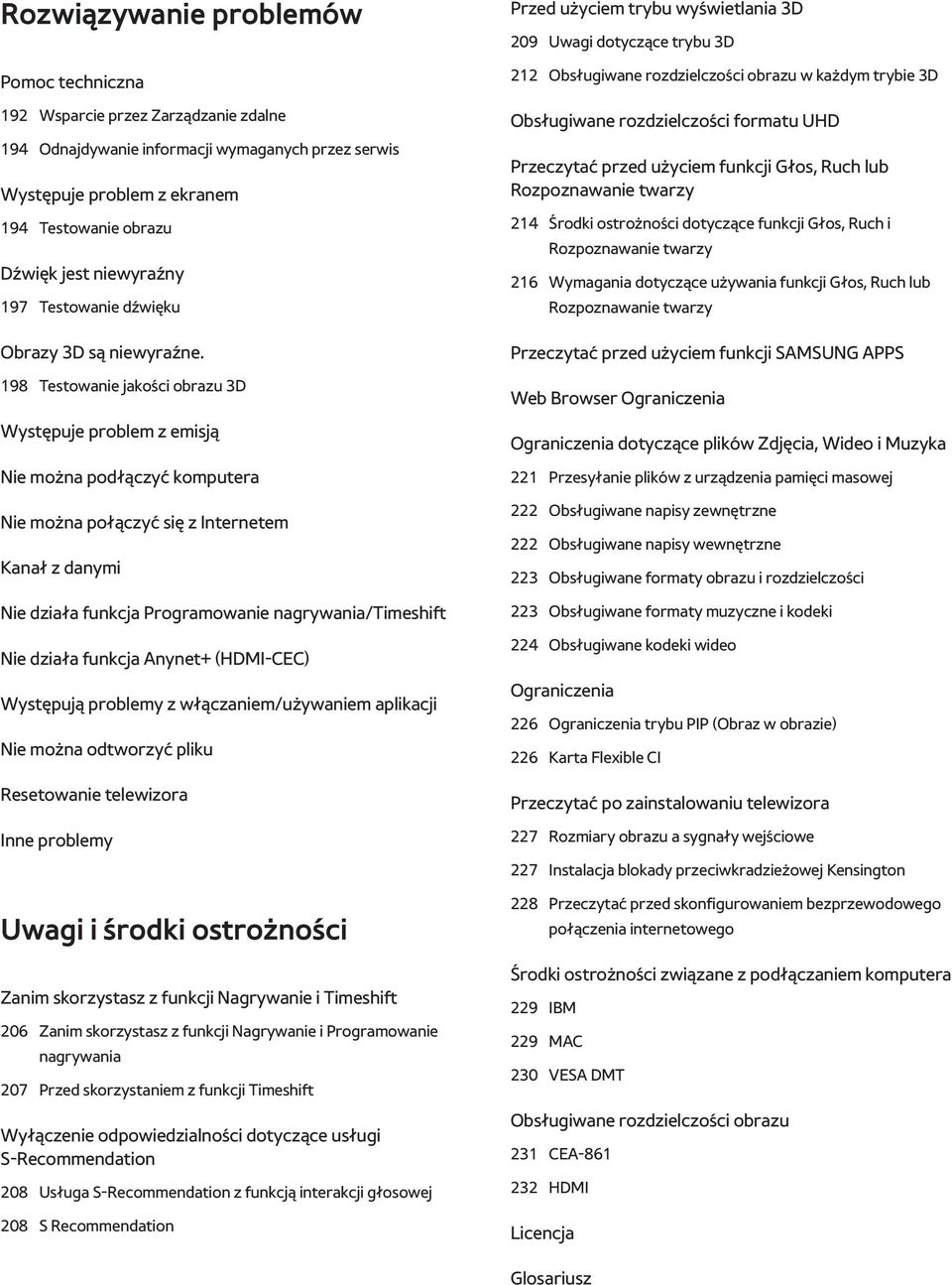 198 Testowanie jakości obrazu 3D Występuje problem z emisją Nie można podłączyć komputera Nie można połączyć się z Internetem Kanał z danymi Nie działa funkcja Programowanie nagrywania/timeshift Nie