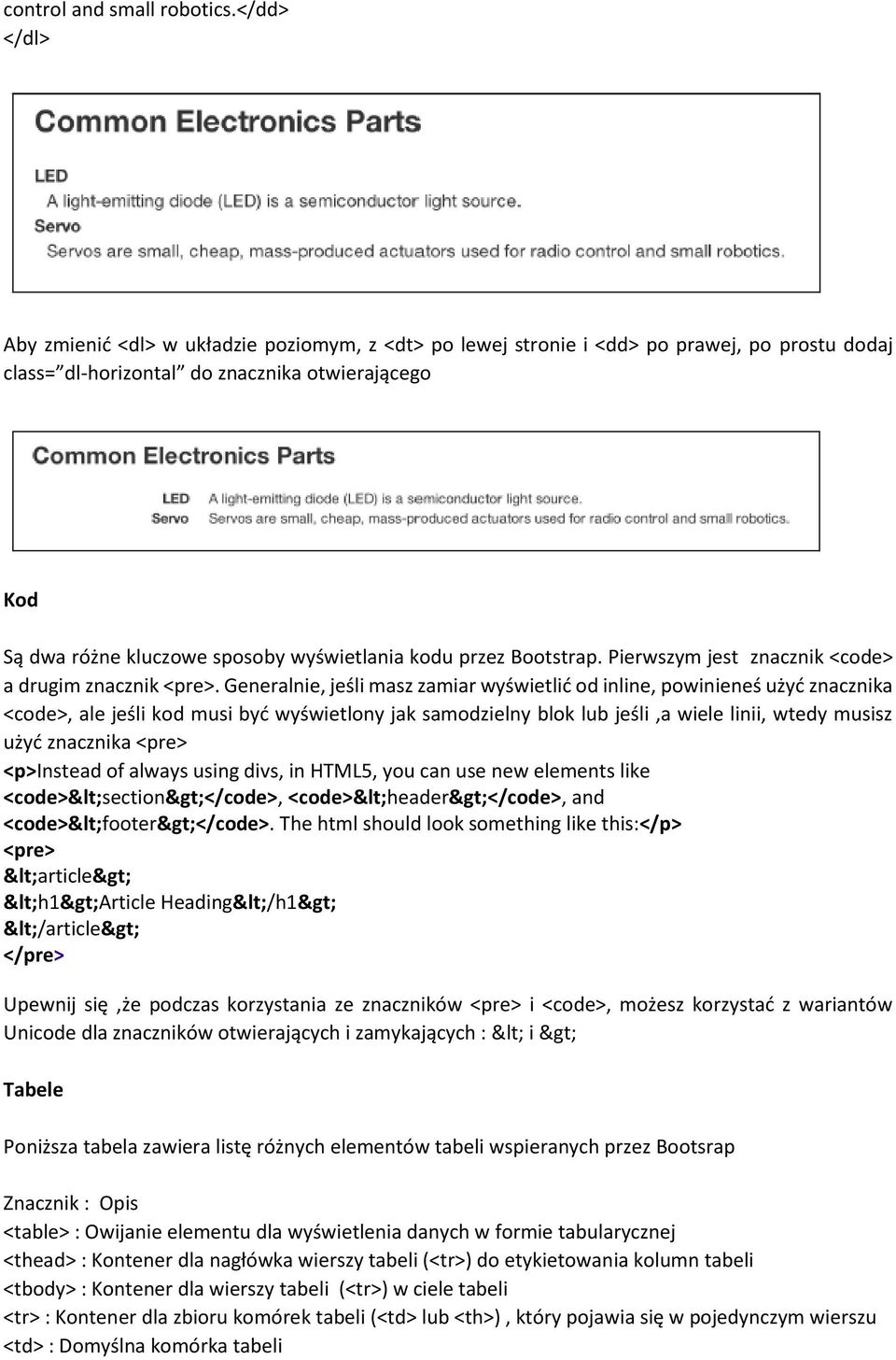 wyświetlania kodu przez Bootstrap. Pierwszym jest znacznik <code> a drugim znacznik <pre>.