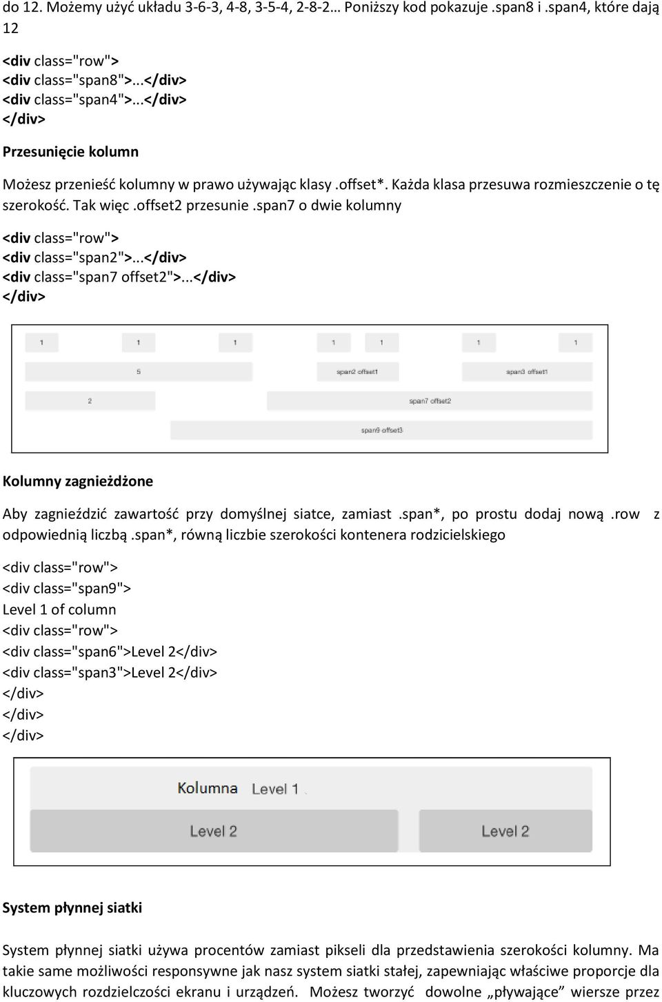 span7 o dwie kolumny <div class="row"> <div class="span2">... <div class="span7 offset2">... Kolumny zagnieżdżone Aby zagnieździć zawartość przy domyślnej siatce, zamiast.span*, po prostu dodaj nową.
