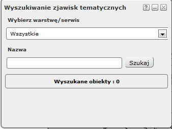 2.2.3.4 Wyszukiwanie zjawisk tematycznych Wyszukiwanie zjawisk tematycznych Etapy wyszukiwania: Rysunek 67 Narzędzie wyszukiwanie zjawisk tematycznych 1. Wybierz warstwę tematyczną (np.