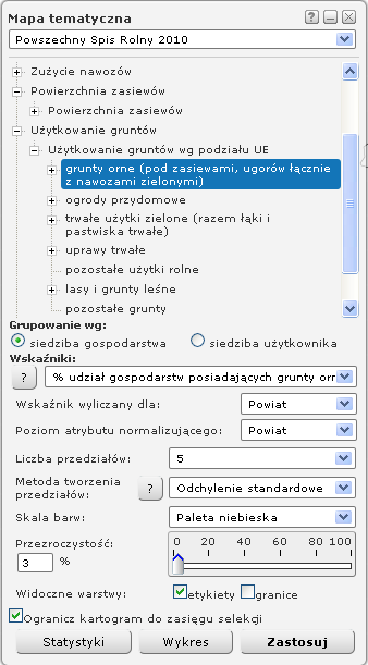 Grupowanie według: siedziby gospodarstwa Wskaźnik wyliczany: dla powiatu Liczba przedziałów: 5 Metoda tworzenia przedziałów: Odchylenie standardowe Skala barw: niebieska Przezroczystośd: 0 % Widoczne