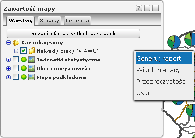 Następnie wybierz Menu / Widok / Zawartośd mapy. Rozwio drzewko kartodiagramów, a następnie lewym przyciskiem myszy zakładkę dotyczącą wygenerowanej mapy tematycznej. Wybierz opcję Generuj raport.