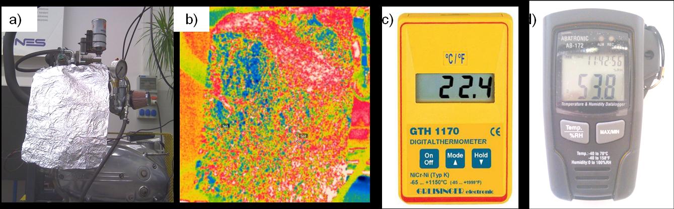 Rys. 2 Obiekt i przedmiot badań: a) termogram z badań silnika spalinowego, b) kamera termowizyjna FLIR E60 Badania termowizyjne poprzedzone były konfiguracją ustawień kamery do warunków jakie