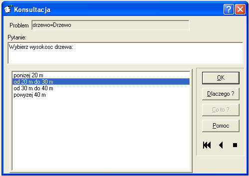 Wirtualny ekspert pyta użytkownika o wysokośd drzewa. Użytkownik wskazuje na przedział od 20 do 30 metrów i zatwierdza swój wybór, jak pokazano na rys. 5. Rys. 5. Wybór wysokości drzewa.