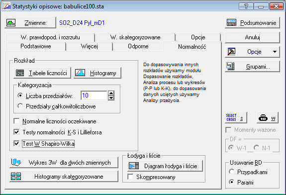 4. W kolejnym kroku zaznaczamy wskazane pola wyboru, a następnie klikamy na Histogramy: WYNIKI: 600 Histogram: SO2_D24 K-S d=.13113, p<.01 ; Lillief ors p<.