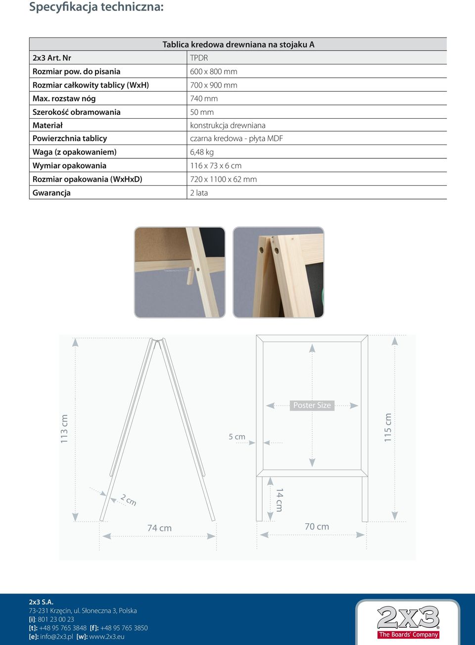 kredowa drewniana na stojaku A TPDR 600 x 800 mm 700 x 900 mm 740 mm 50 mm konstrukcja drewniana czarna kredowa - płyta MDF 6,48 kg 116 x 73 x 6 cm 720 x