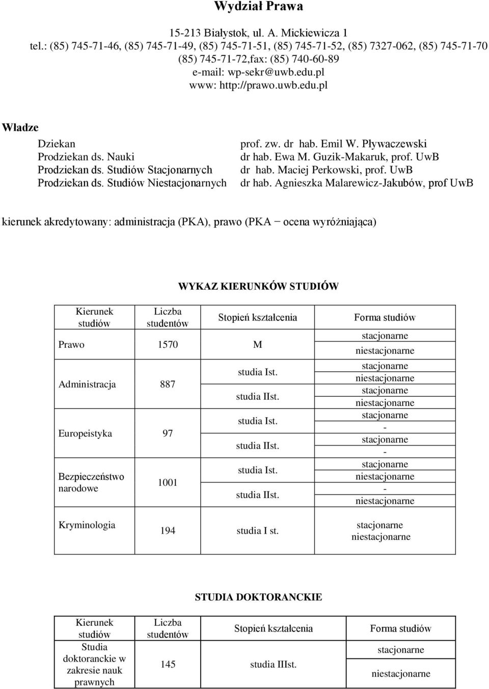 Nauki Prodziekan ds. Studiów Stacjonarnych Prodziekan ds. Studiów Niestacjonarnych prof. zw. dr hab. Emil W. Pływaczewski dr hab. Ewa M. Guzik-Makaruk, prof. UwB dr hab. Maciej Perkowski, prof.