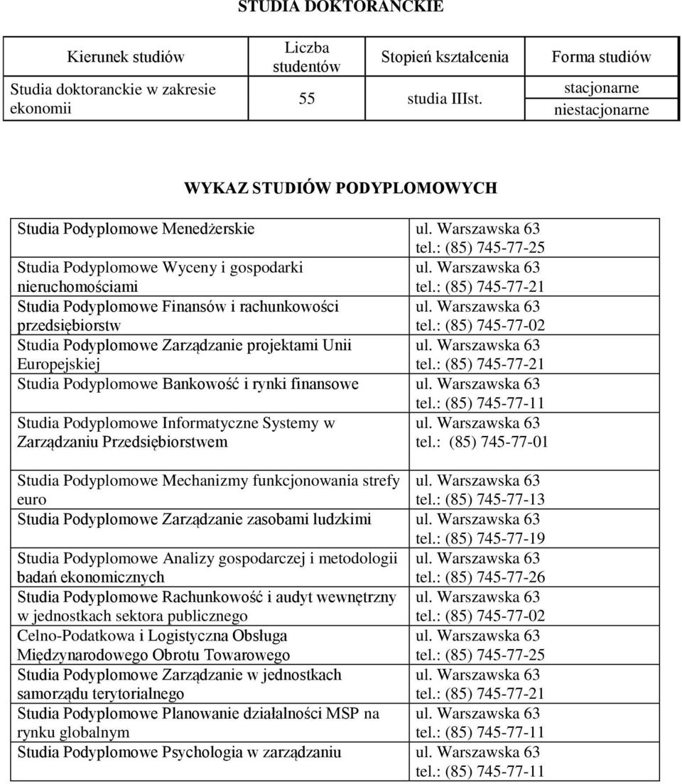 : (85) 745-77-21 Studia Podyplomowe Finansów i rachunkowości ul. Warszawska 63 przedsiębiorstw tel.: (85) 745-77-02 Studia Podyplomowe Zarządzanie projektami Unii ul. Warszawska 63 Europejskiej tel.