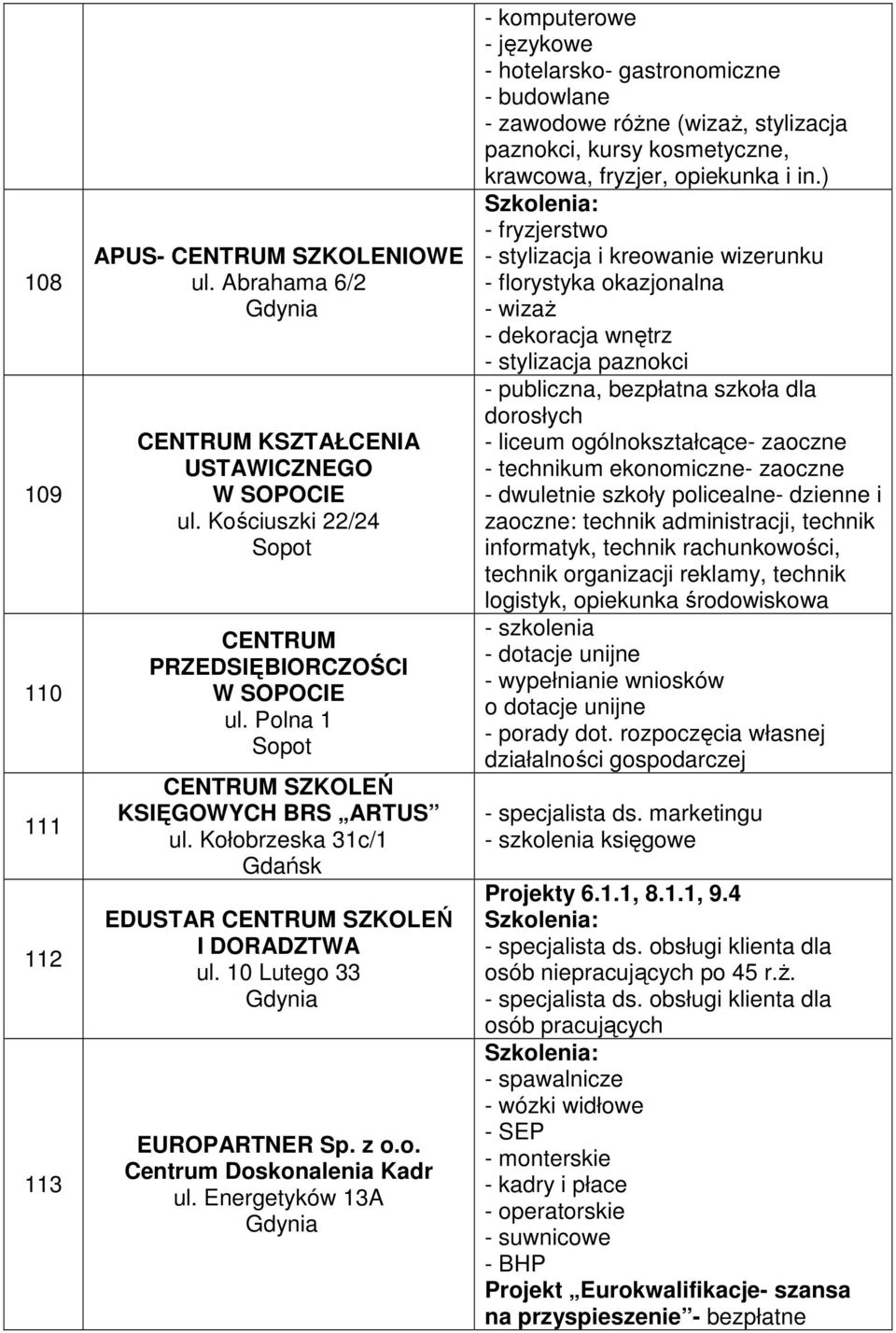 Energetyków 13A - komputerowe - językowe - hotelarsko- gastronomiczne - budowlane - zawodowe róŝne (wizaŝ, stylizacja paznokci, kursy kosmetyczne, krawcowa, fryzjer, opiekunka i in.