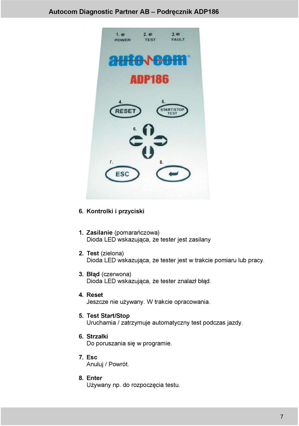 Błąd (czerwona) Dioda LED wskazująca, że tester znalazł błąd. 4. Reset Jeszcze nie używany. W trakcie opracowania. 5.