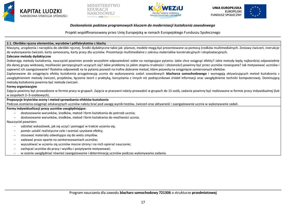 Środki dydaktyczne takie jak: plansze, modele mogą być prezentowane za pomocą środków multimedialnych. Zestawy ćwiczeń, instrukcje do wykonywania ćwiczeń, karty samooceny, karty pracy dla uczniów.