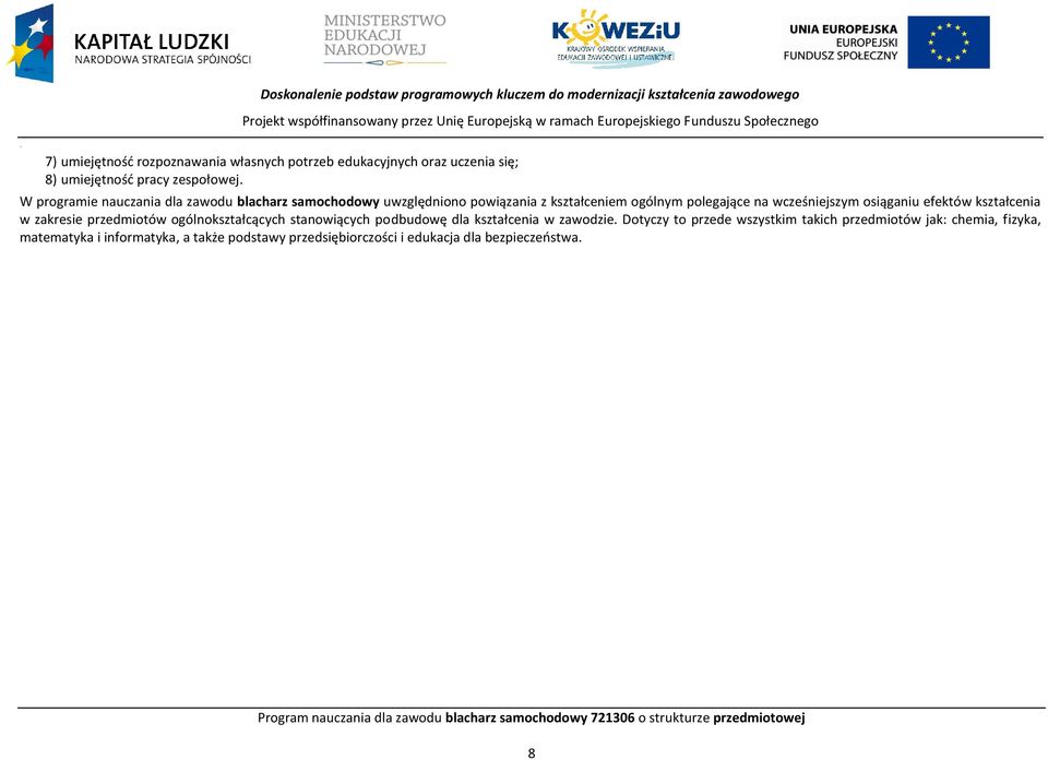 W programie nauczania dla zawodu blacharz samochodowy uwzględniono powiązania z kształceniem ogólnym polegające na wcześniejszym osiąganiu efektów kształcenia w zakresie