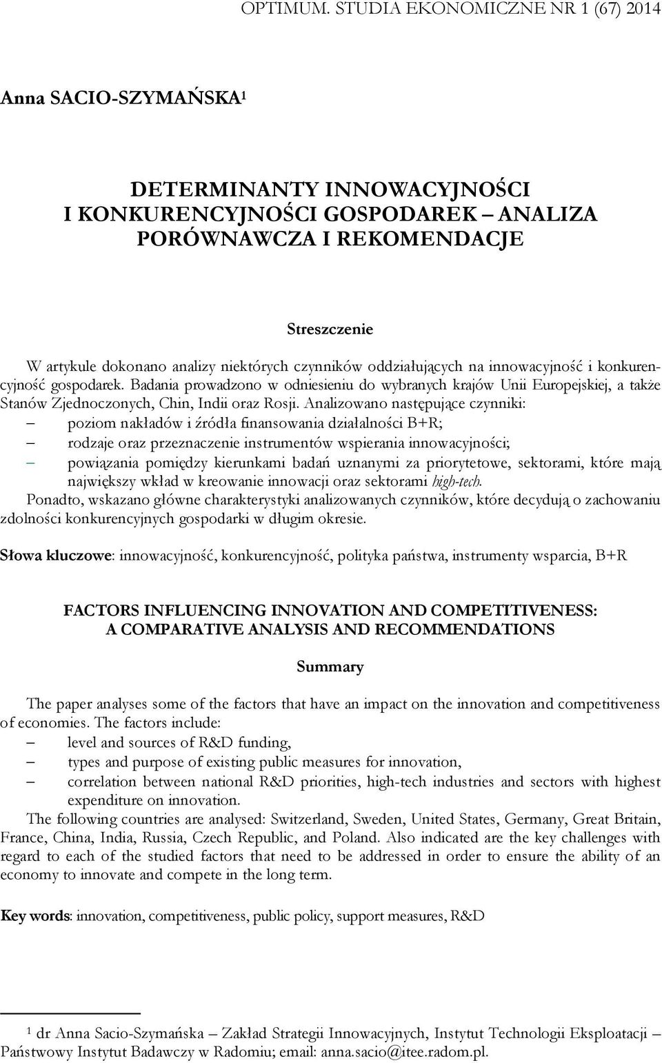 niektórych czynników oddziałujących na innowacyjność i konkurencyjność gospodarek.