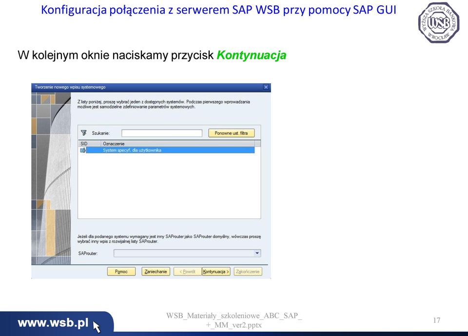 SAP GUI W kolejnym oknie