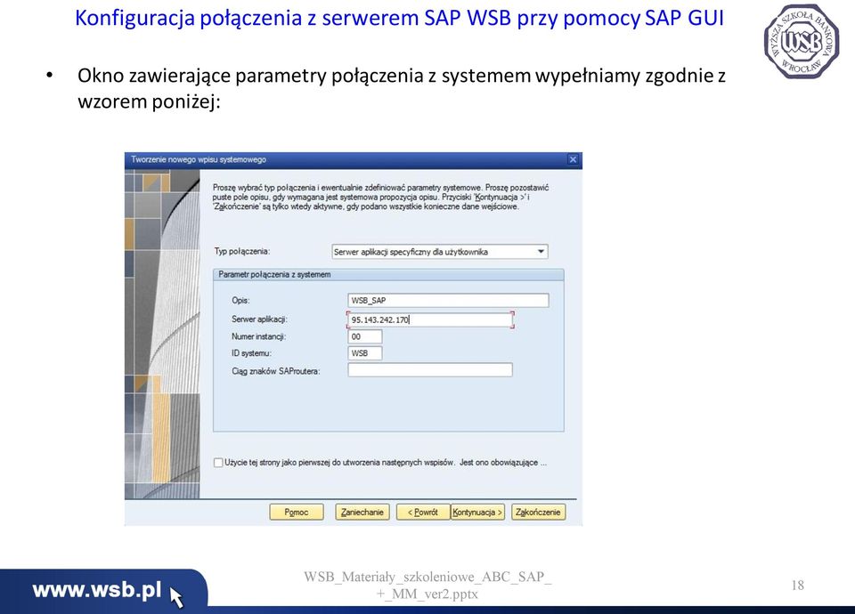 zawierające parametry połączenia z