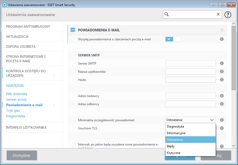 4.6.1.12 Powiadomienia e-mail Program ESET Smart Security może automatycznie wysyłać powiadomienia e-mail po wystąpieniu zdarzenia o wybranym poziomie szczegółowości.