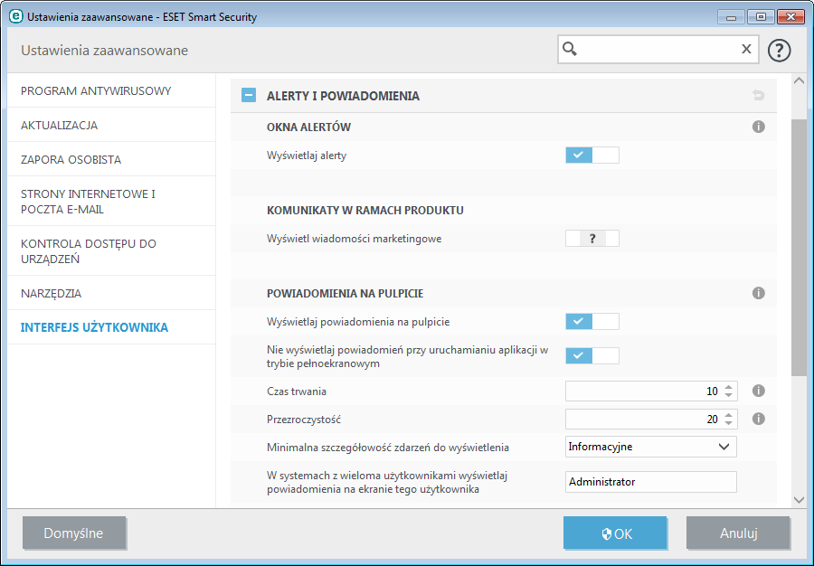 4.7.2 Alerty i powiadomienia Sekcja Alerty i powiadomienia w obszarze Interfejs użytkownika umożliwia skonfigurowanie sposobu obsługi alertów o zagrożeniach i powiadomień systemowych (np.