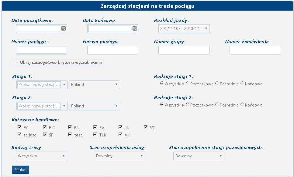 3.2.3 Uzupełnianie trasy poza siecią PLK W celu uruchomienia modułu Uzupełnij trasę poza siecią PLK, należy z menu Zarządzaj wybrać opcję Stacjami na trasie pociągu.