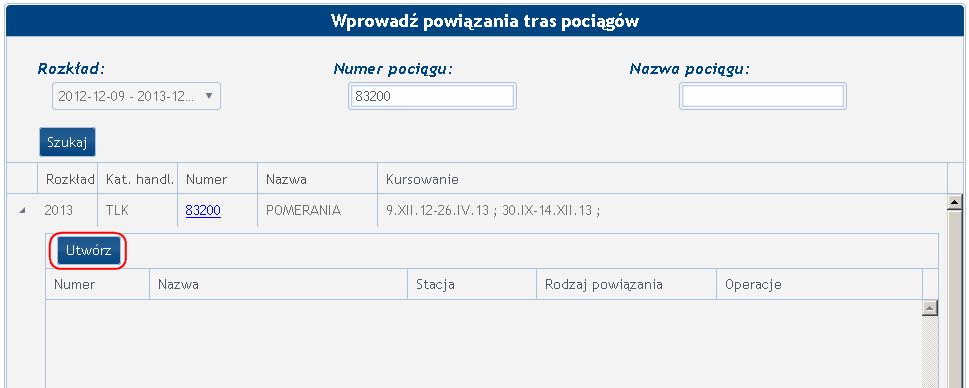 3.2.4 Powiązaniami pociągów W celu uruchomienia modułu Zarządzaj Powiązaniami pociągów należy z menu Zarządzaj wybrać opcję Powiązaniami pociągów.