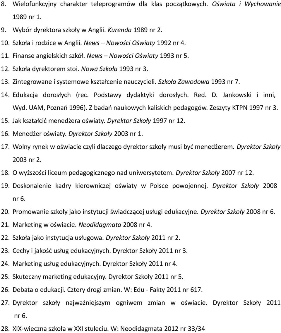 Szkoła Zawodowa 1993 nr 7. 14. Edukacja dorosłych (rec. Podstawy dydaktyki dorosłych. Red. D. Jankowski i inni, Wyd. UAM, Poznań 1996). Z badań naukowych kaliskich pedagogów. Zeszyty KTPN 1997 nr 3.