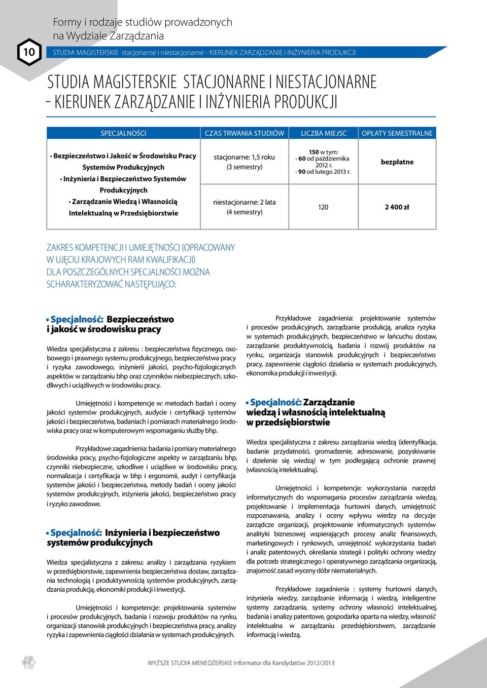 Inżynieria i Bezpieczeństwo Systemów Produkcyjnych Zarządzanie Wiedzą i Własnością Intelektualną w Przedsiębiorstwie stacjonarne: 1,5 roku (3 semestry) niestacjonarne: 2 lata (4 semestry) 150 w tym: